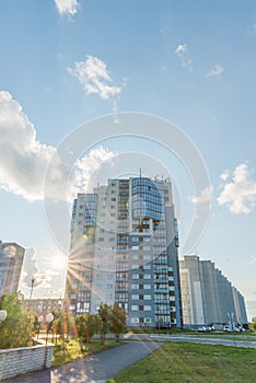 View of high rise apartment buildings in Siberian town of Kogalym at sunset (July, 2015)